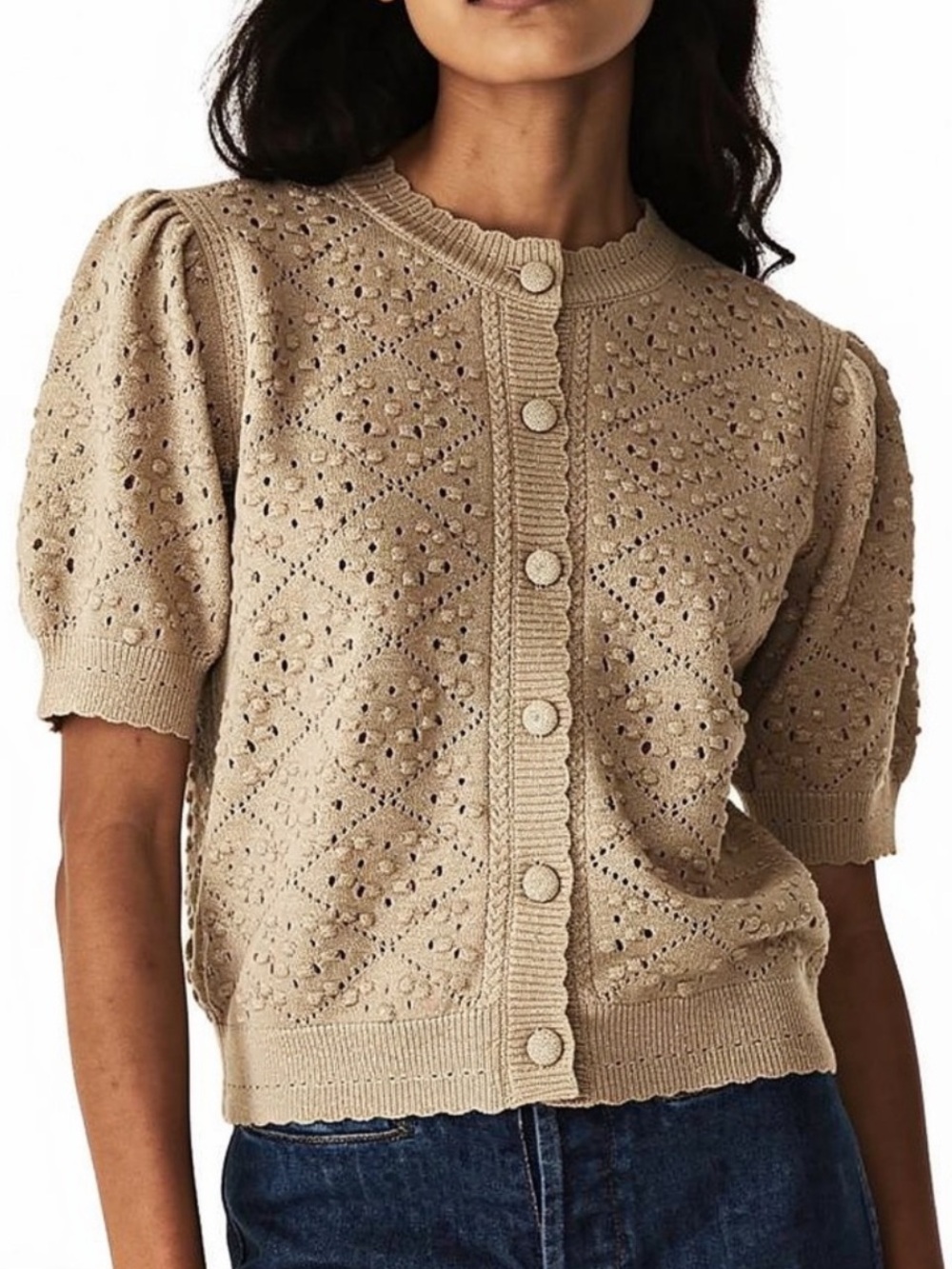 Cyrus Short-Sleeve Pointelle Knit Cardigan Tan Size XS
